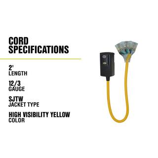 Yellow Jacket 2 ft. 123 SJTW Right Angle GFCI Heavy-Duty Cord with Multi-Outlet (3) Power Light Block 2814