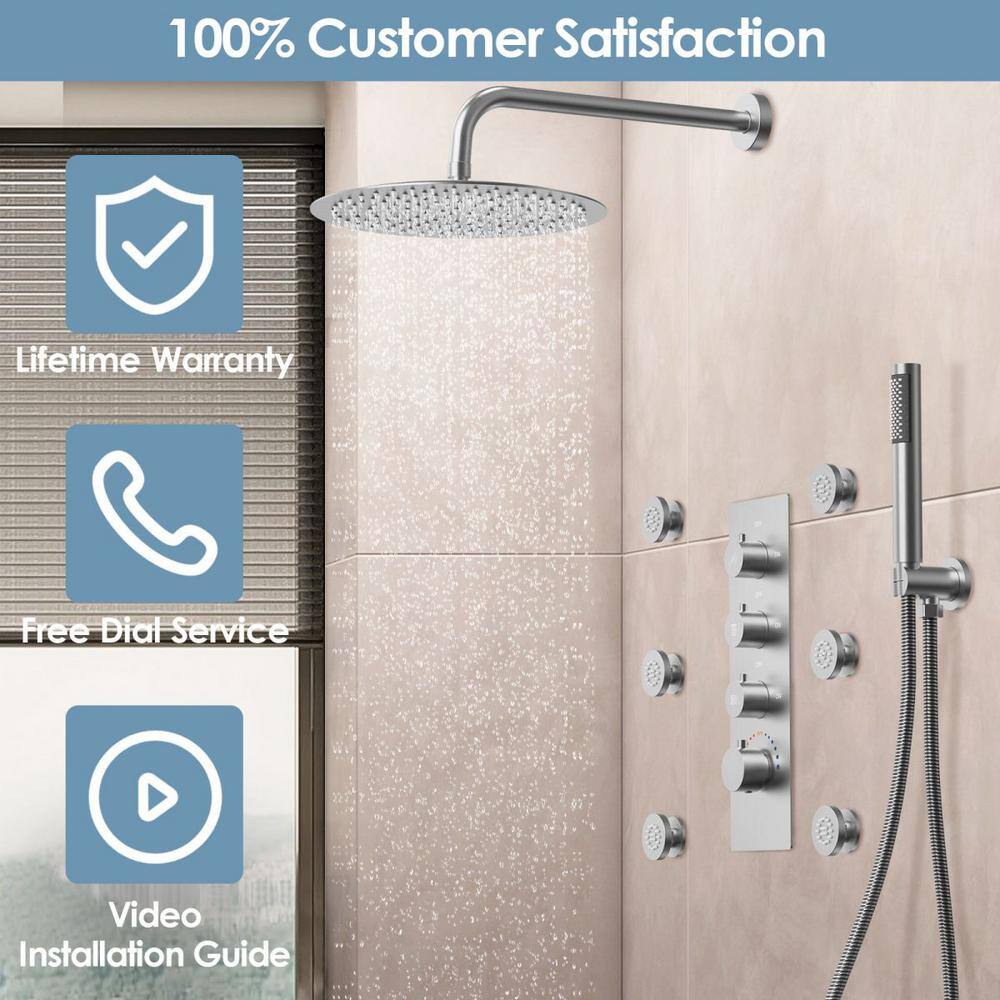 GRANDJOY Luxury Thermostatic 7-Spray Wall Mount 12 in. Fixed and Handheld Shower Head 2.5 GPM in Brushed Nickel 125 SRM6379NI-12BL