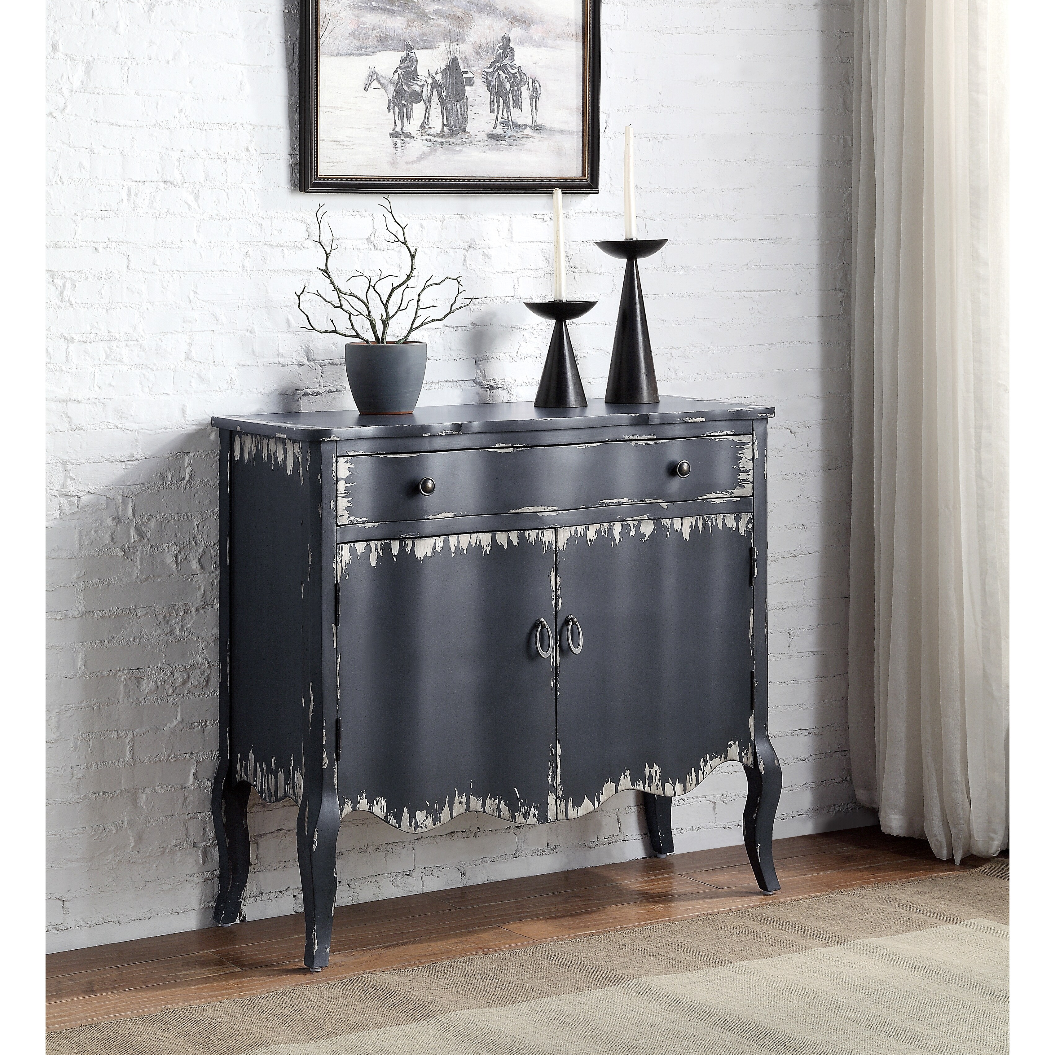 Console Table In Antique Gray Finish Rectangular Accent Table W 2 Door 1 Storage Drawer Wooden Side Glide