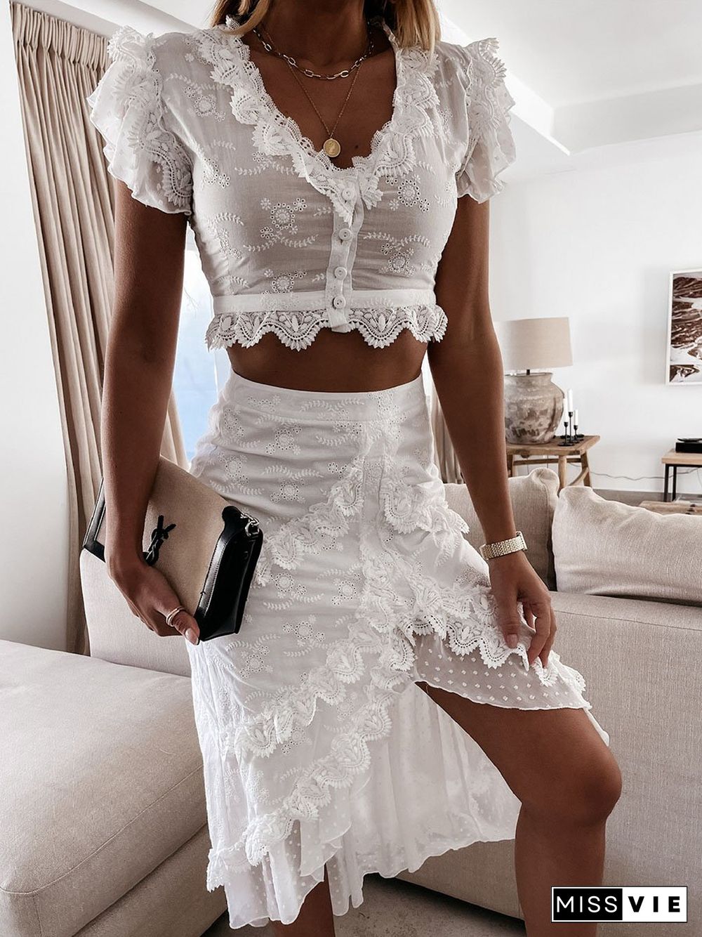 Solid V-neck Ruffle Lace High-low Dress Set P15341