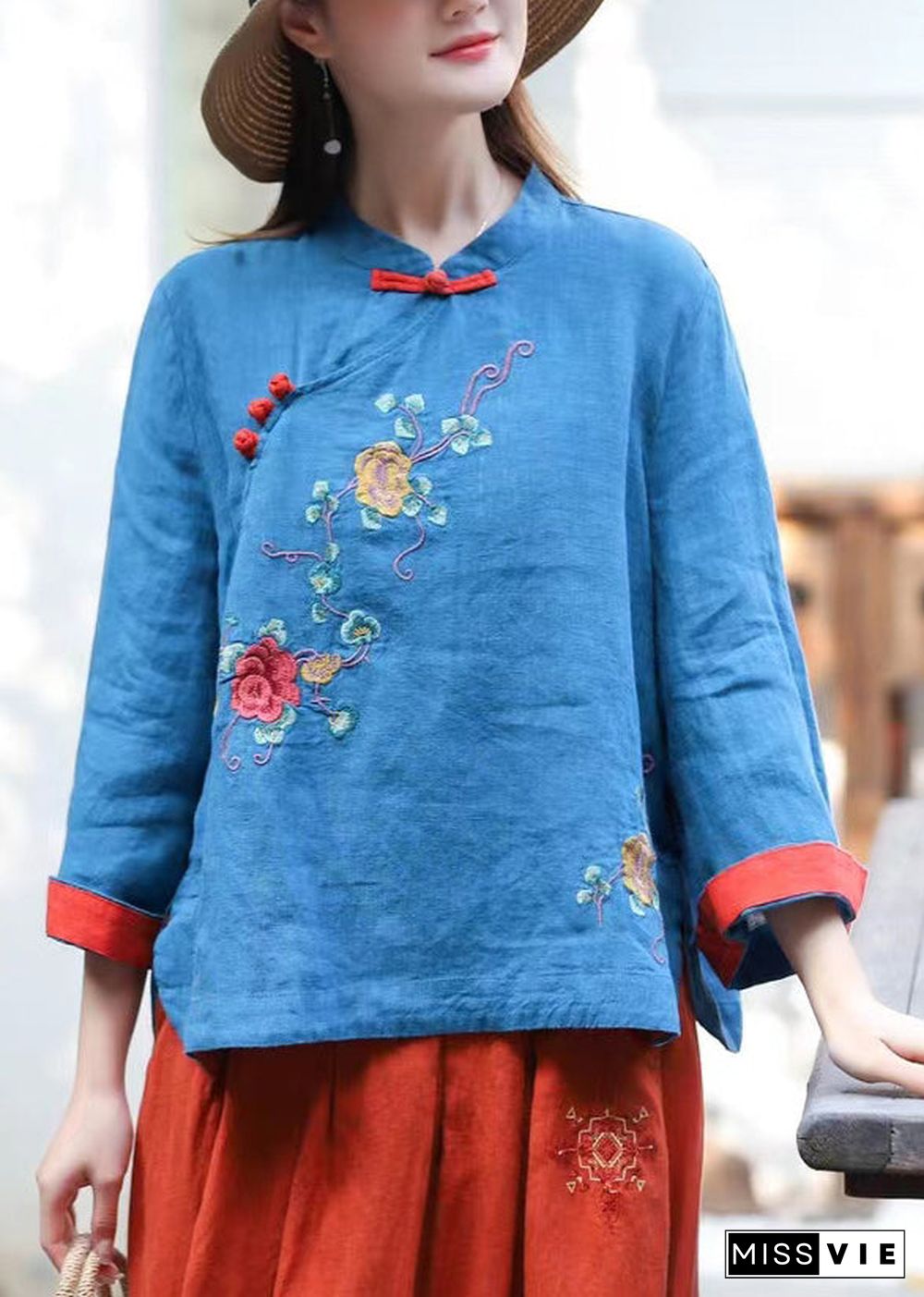 Chinese Style Blue Stand Collar Embroideried Linen Blouse Tops Long Sleeve