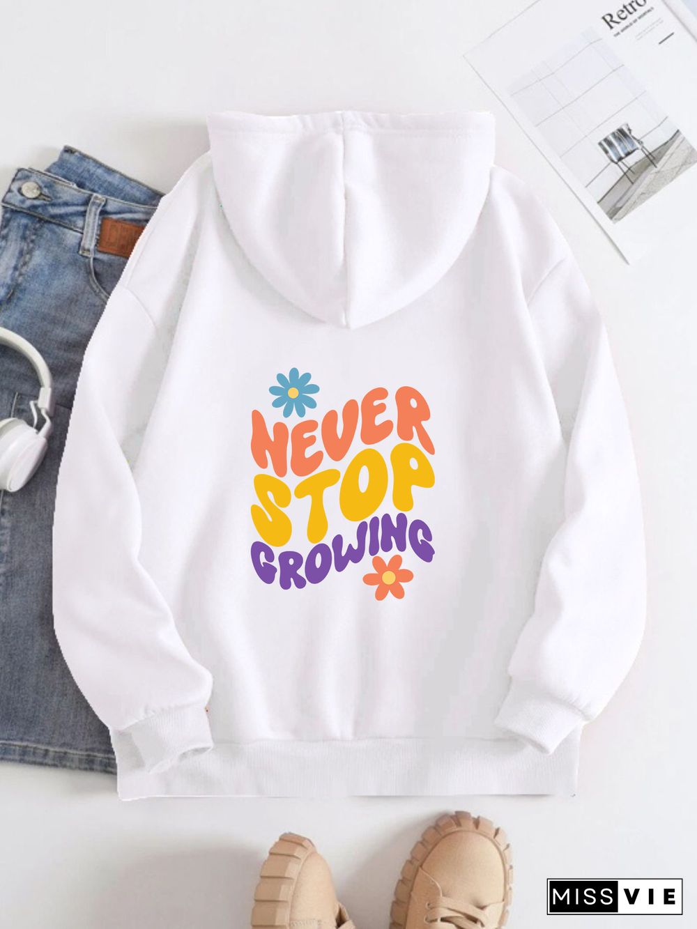 Printed on the Back Kangaroo Pocket Hoodie Long Sleeve for Women Pattern never stop growing