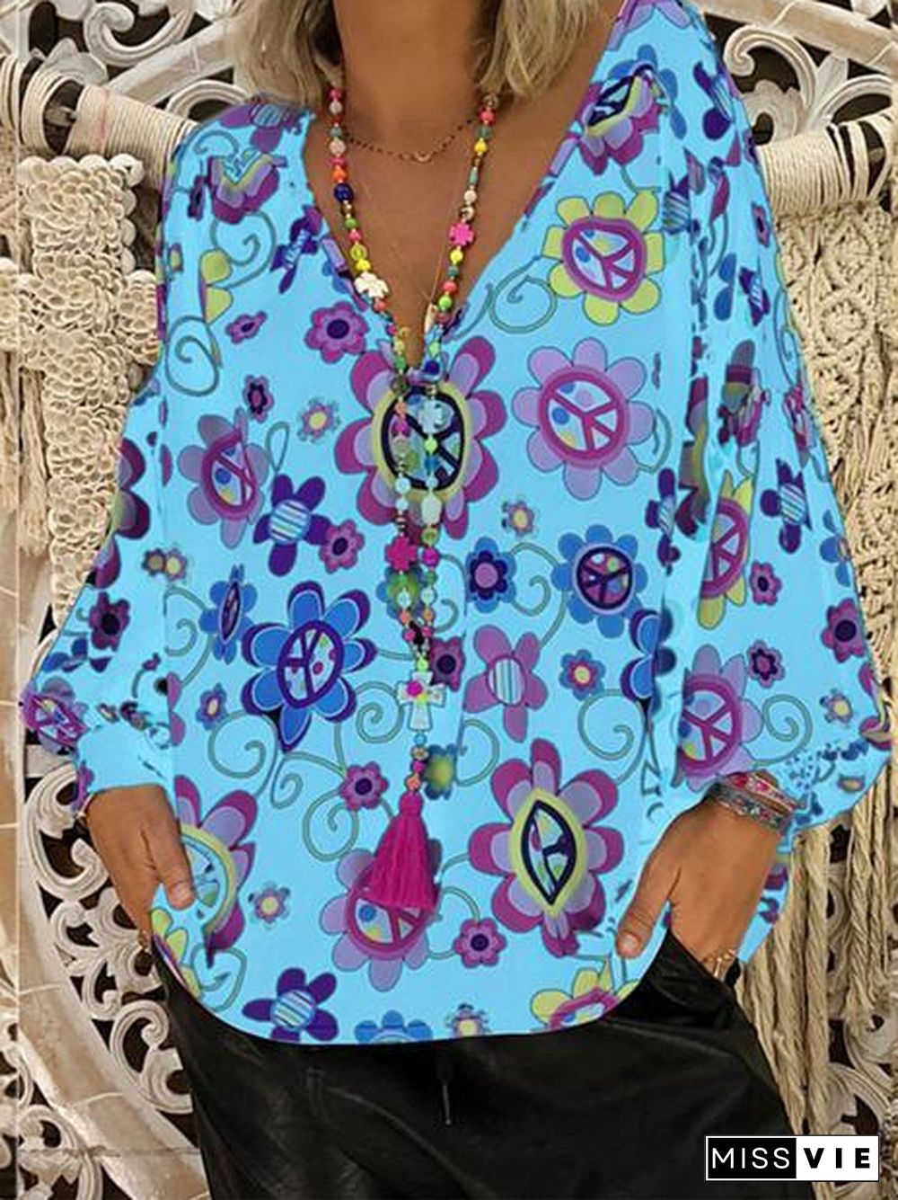 Women Loose Slim V-neck Print Puff Sleeve Long Sleeve T-shirt Tops