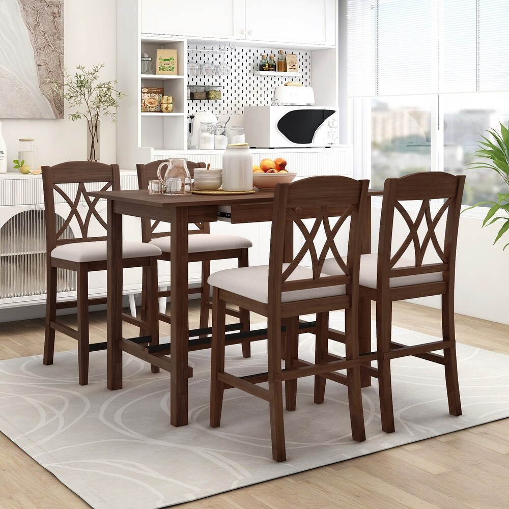 Counter Height Wooden 5 Pcs Dining Table Set with Storage Drawer and 4 Upholstered Iron Covered Chairs