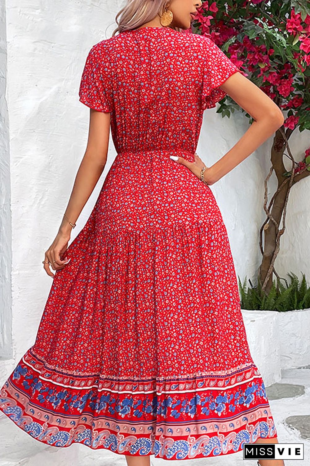 Red Floral V Neck Buttoned Bohemian Maxi Dress