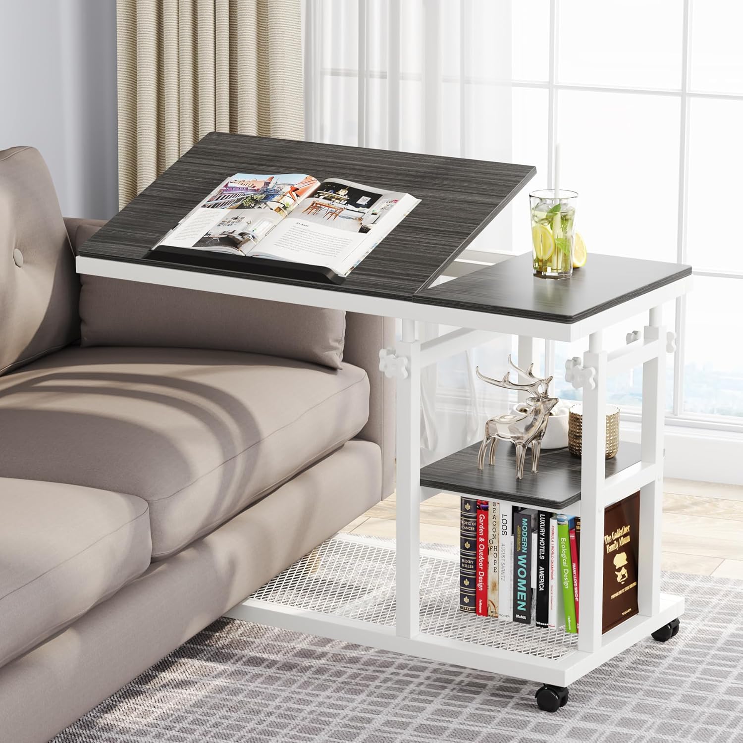 Height Adjustable C Table, Mobile Side Table with Tiltable Drawing Board