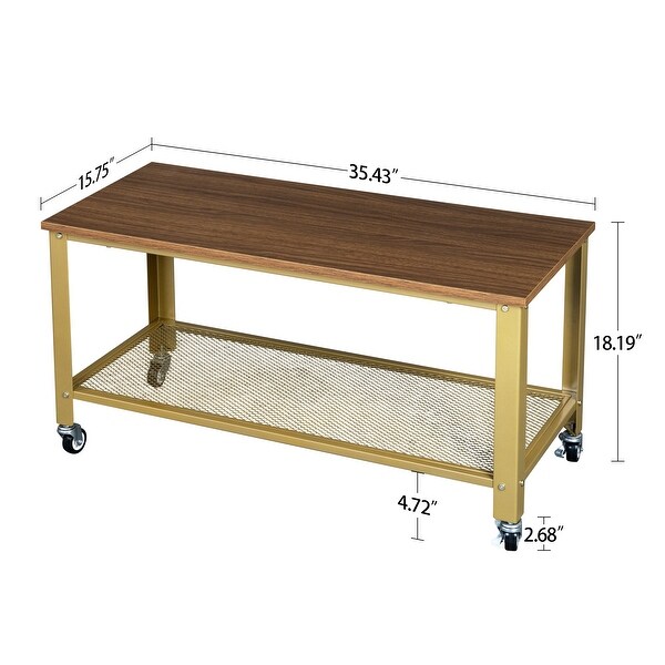 Natural Style Coffee Table with Golden Base and 4 Wheels at the Bottom for Living Room Bedroom