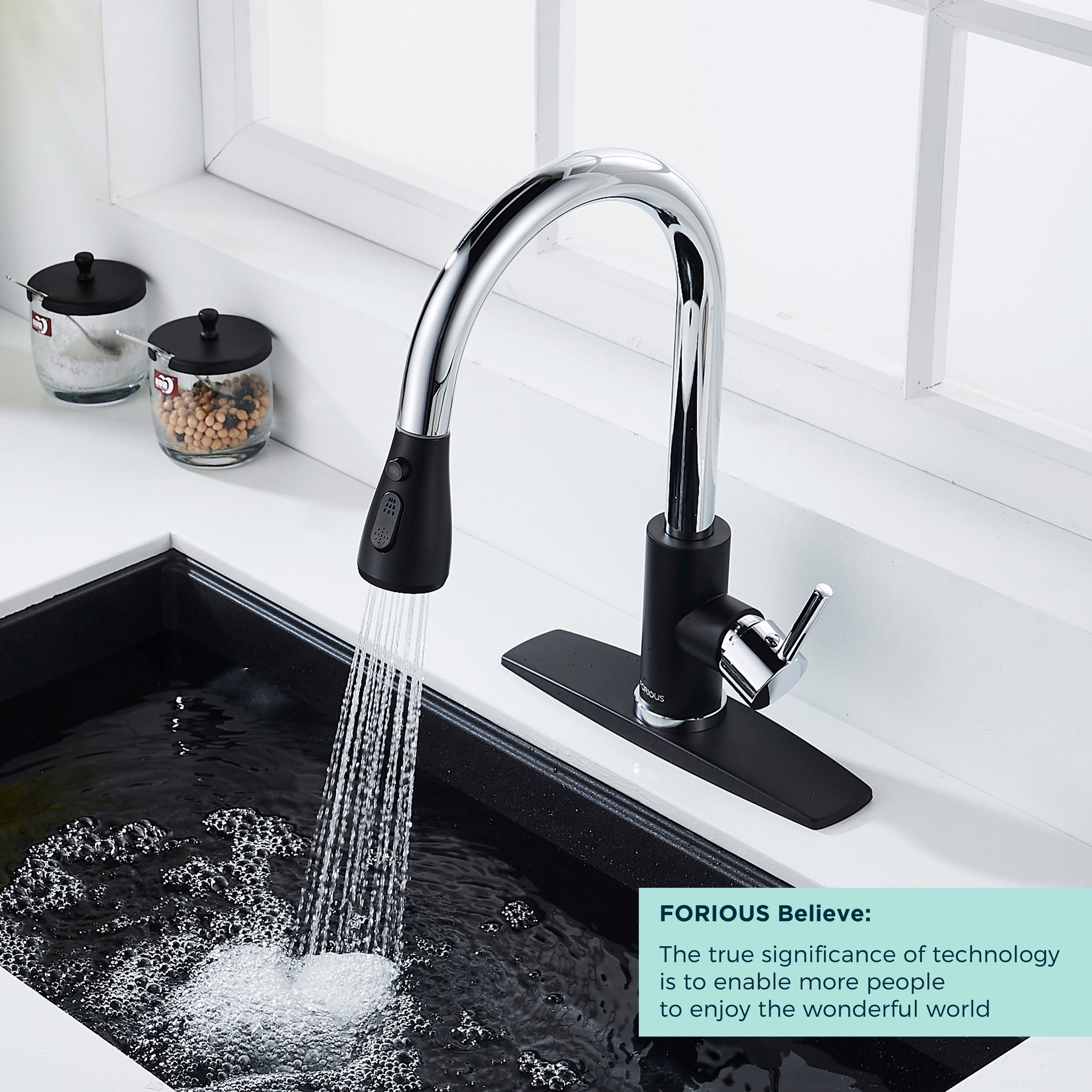 Forious Single Handle Pull Down Sprayer Kitchen Faucet Black Chrome in Kitchen