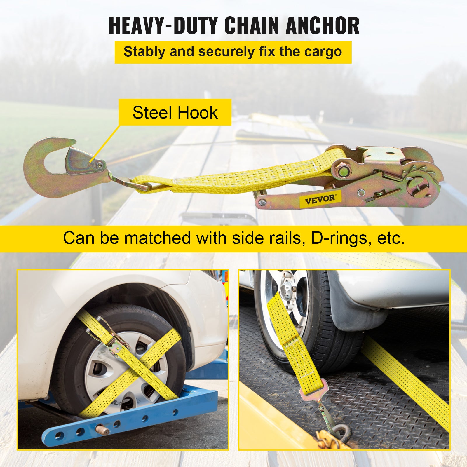 VEVOR Ratchet Tie Down Strap, 10.7ft x 2in Polyester Ratchet Strap 4000 lbs Working Load, 4 PCs Heavy Duty Car Straps w/ Double Hooks, Tie Down Strap with Chain Anchors, Security Fastening, Yellow