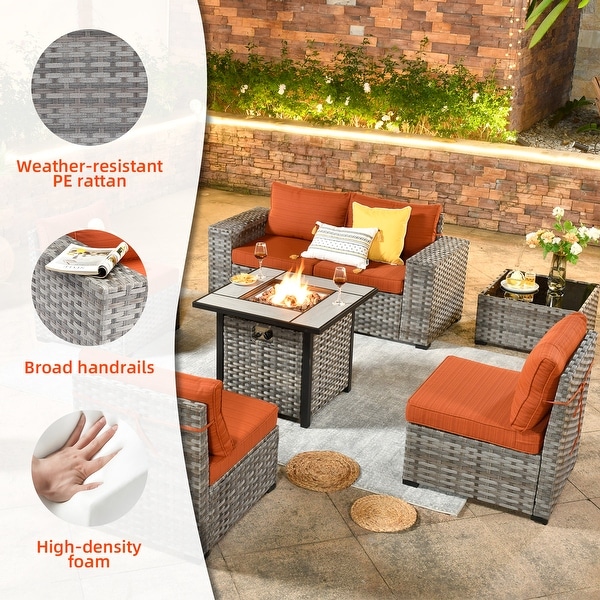 OVIOS Patio Wicker Furniture Wide Arm 7piece Fire Pit Set with Table