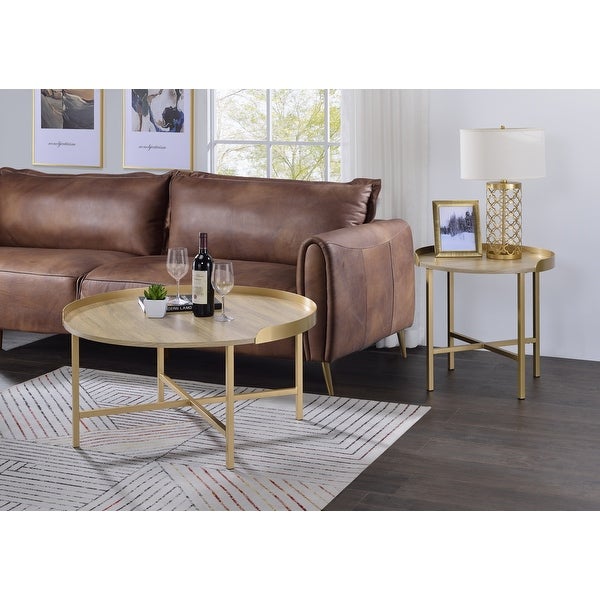 Contemporary Coffee Table with Gold Finish Round Table Top， Wood Sofa Table with Cross Bar Styled Metal Base for Living Room