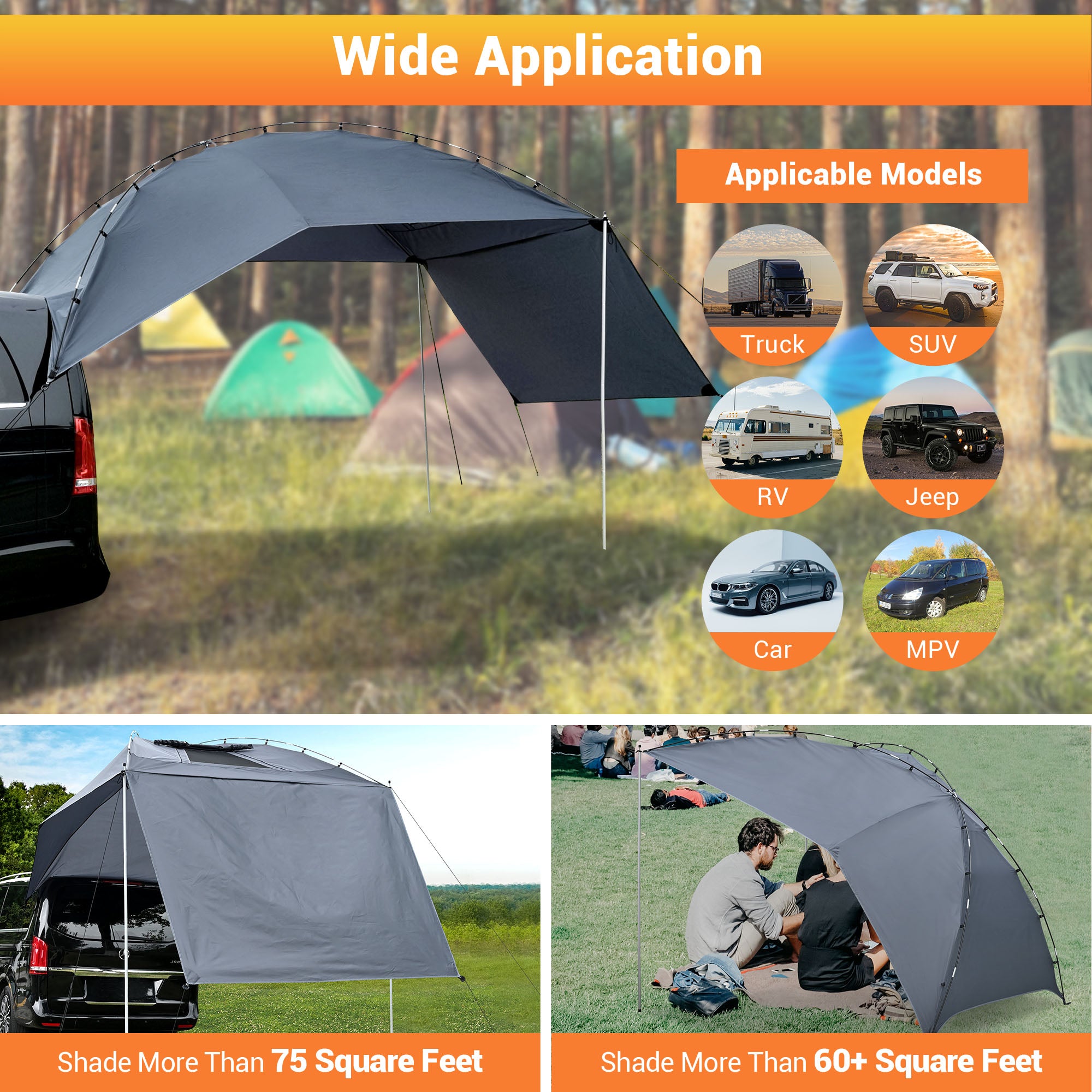 LAGarden 8x11x7Ft Waterproof Car Awning Portable Trailer Sun Shelter for Outdoor Camping SUV Truck Van Gray