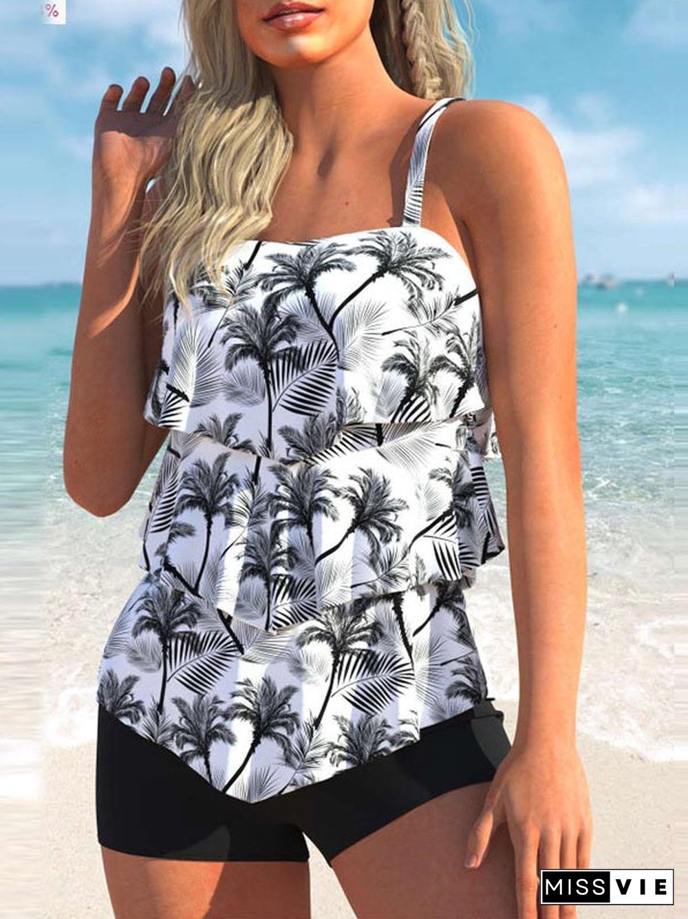 Women Strap Coconut Tree Layered Print Tankini Set