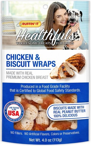 RUFFIN' IT Healthfuls Chicken and Biscuit Wraps Dog Treats， 4-oz bag