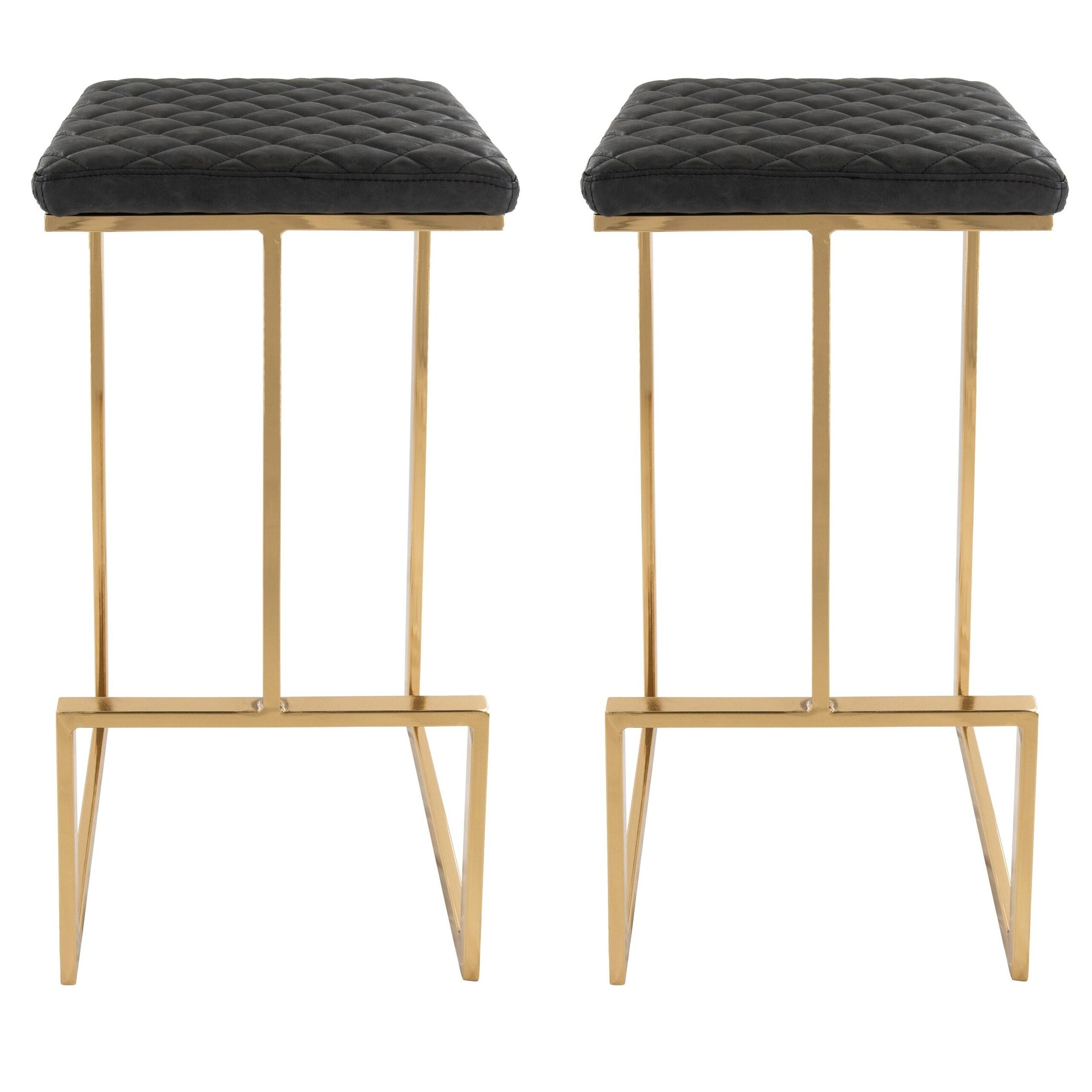 LeisureMod Quincy Modern tufted Leather Barstool Gold Metal Frame Set of 2 - 29