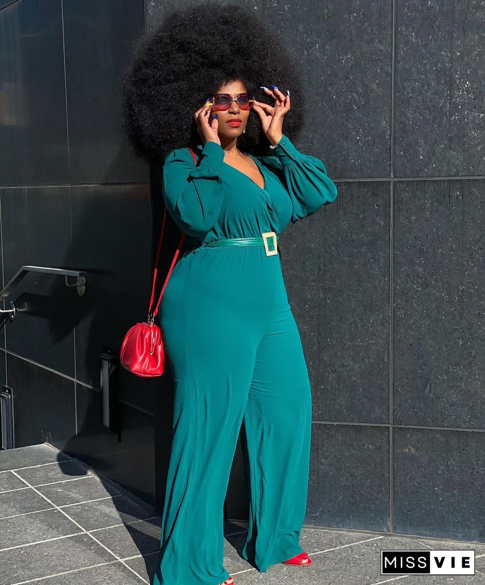 Long Sleeve V-neck Plus Size Wide Leg Jumpsuit