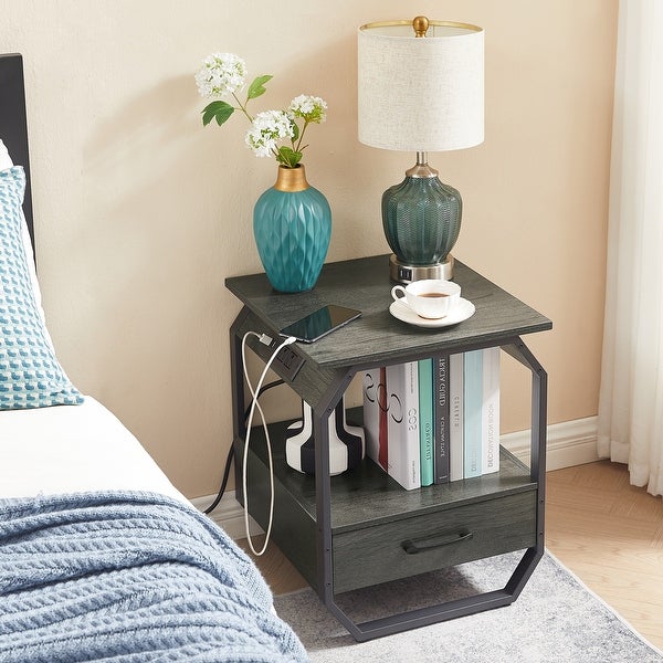 End Table with Charging Station， Side Table with USB Ports and Outlets - 17.3’’W*17.9’’D*21.2’’H