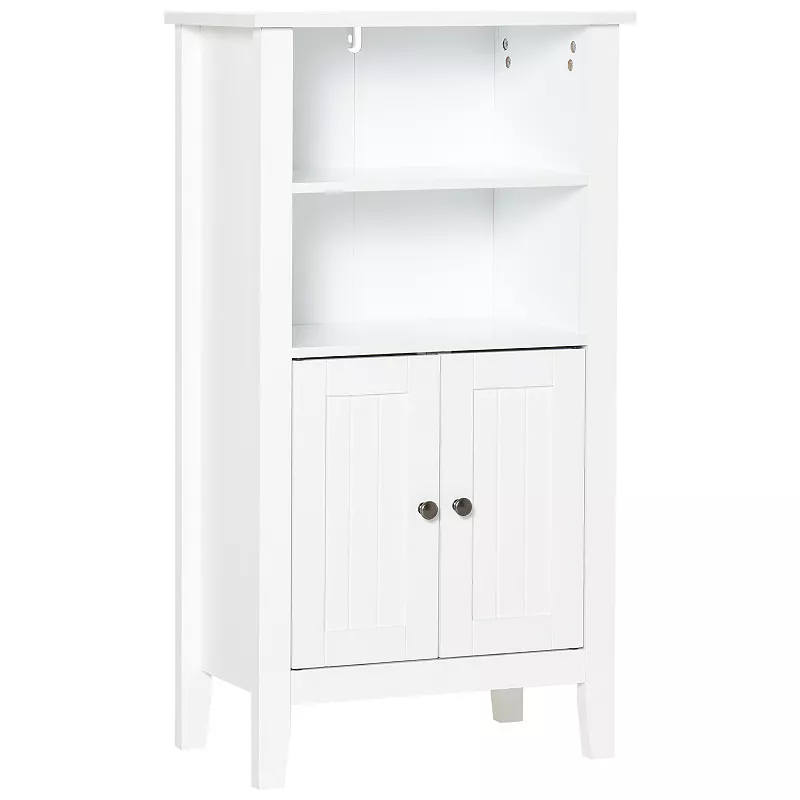 kleankin Bathroom Cabinet Organizer with 2 Tier Open Shelves Double Door Enclosed Storage and Elevated Base White