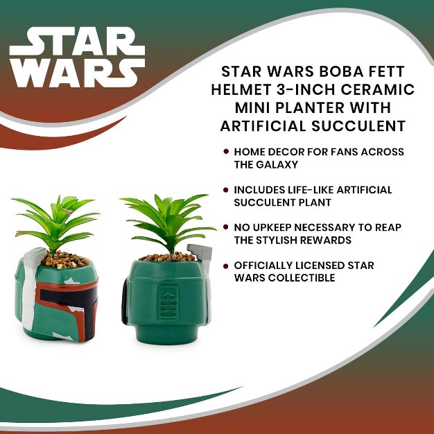 Silver Buffalo Star Wars Boba Fett Helmet 3 inch Ceramic Mini Planter With Artificial Succulent