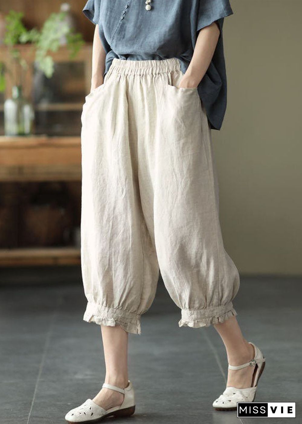 Beige Pockets Patchwork Linen Crop Pants Elastic Waist Summer