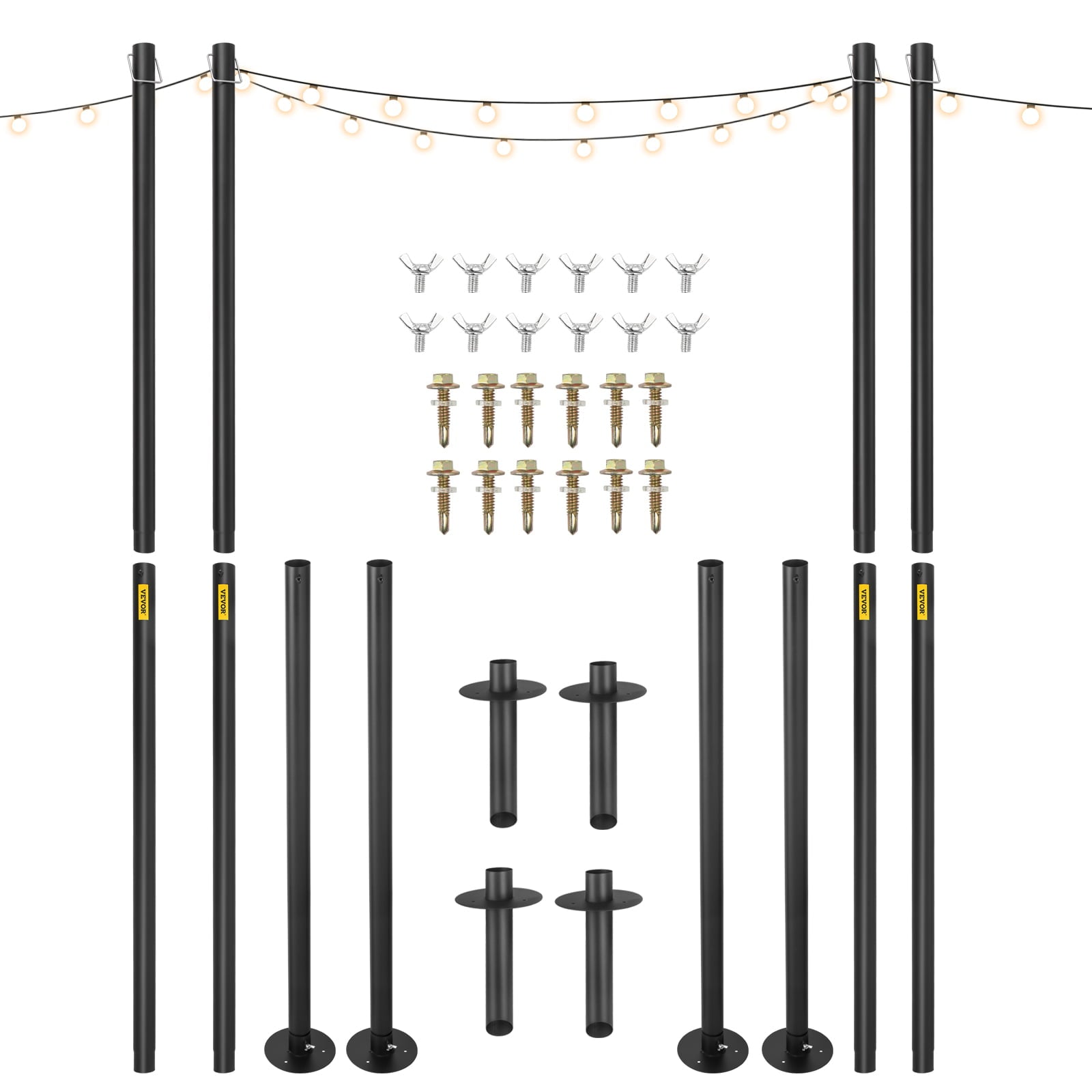 VEVOR String Light Poles， 4 Pack 10.6ft， Outdoor Powder Coated Steel Lamp Post with Hooks to Hang Lantern and Flags， Decorate Garden， Backyard， Patio， Deck， for Party and Wedding， Black