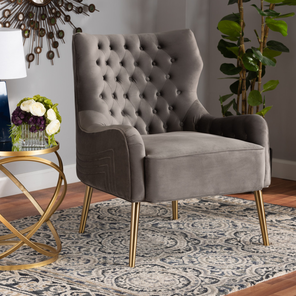 Nelson Grey Velvet Upholstered and Gold Finished Metal Armchair   Midcentury   Armchairs And Accent Chairs   by GwG Outlet  Houzz