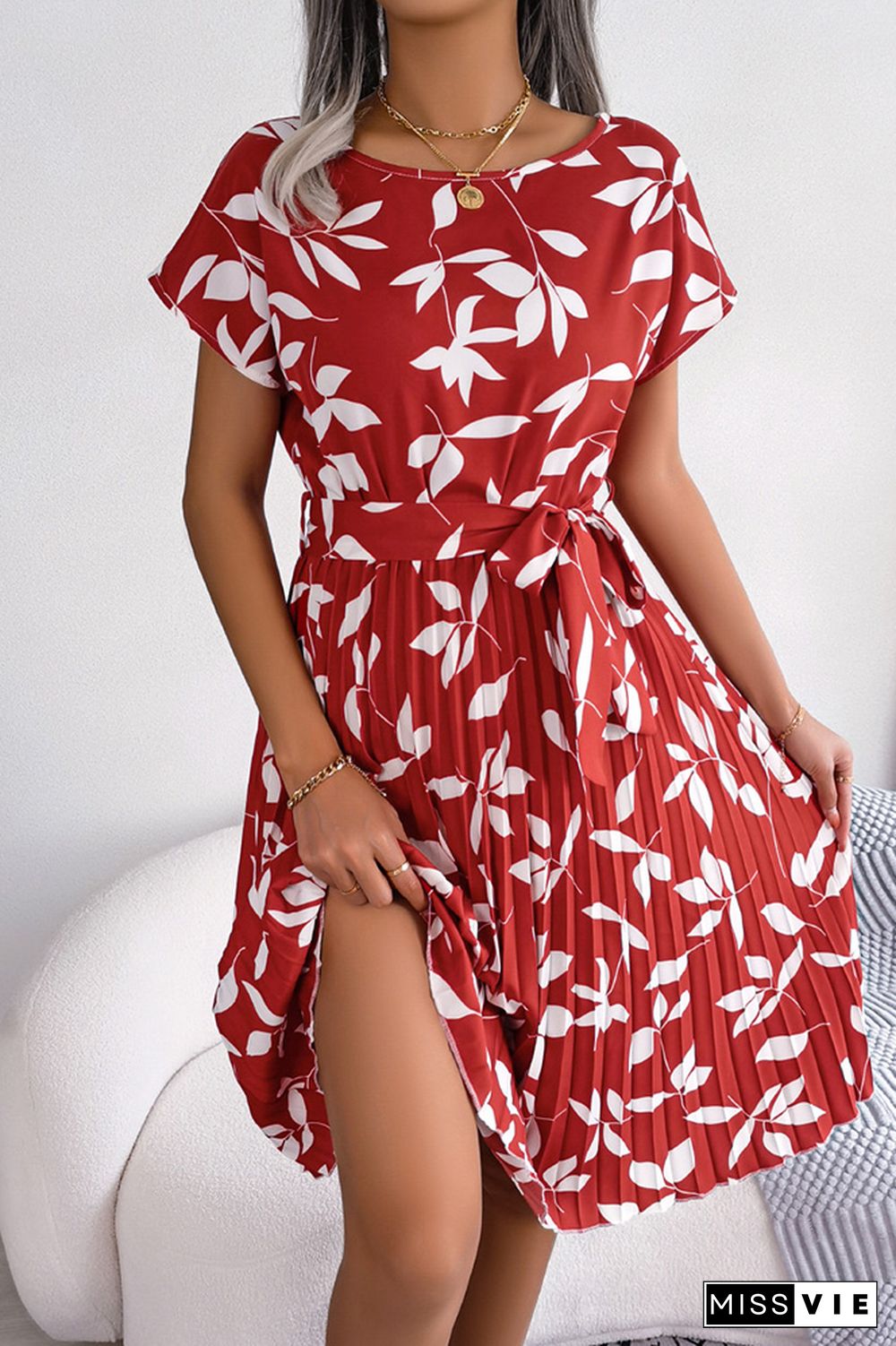 Leaf Print Pleated Midi Dress With Sash