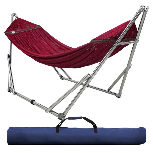 Double Hammock Swing With Adjustable Powder coated Steel Stand And Carry Bag For Indoor Or Outdoor Use Red