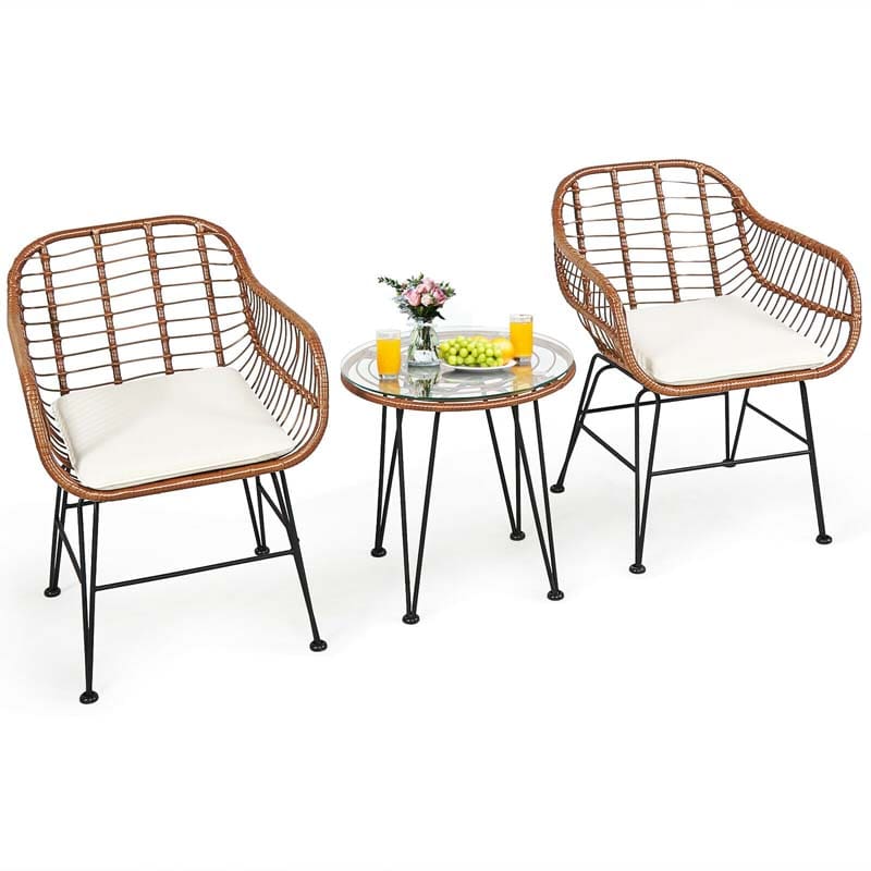 3 Pcs Patio Conversation Bistro Set Outdoor Rattan Furniture Set with Round Table & 2 Rattan Cushioned Armchairs