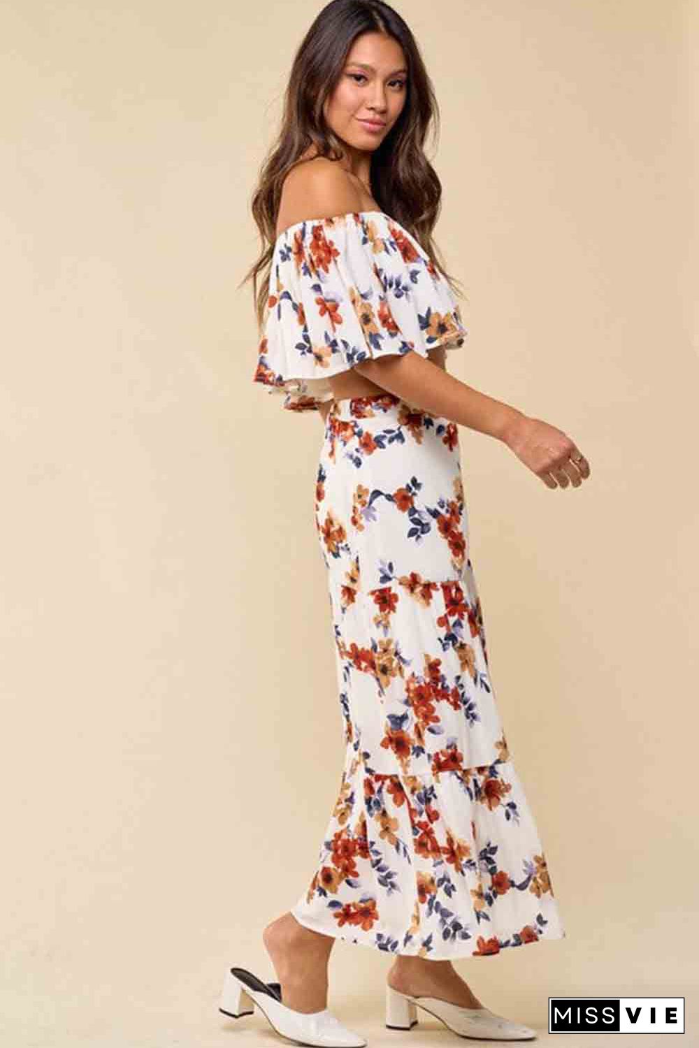 White Floral Print Off-shoulder Crop Top and Maxi Skirt Set