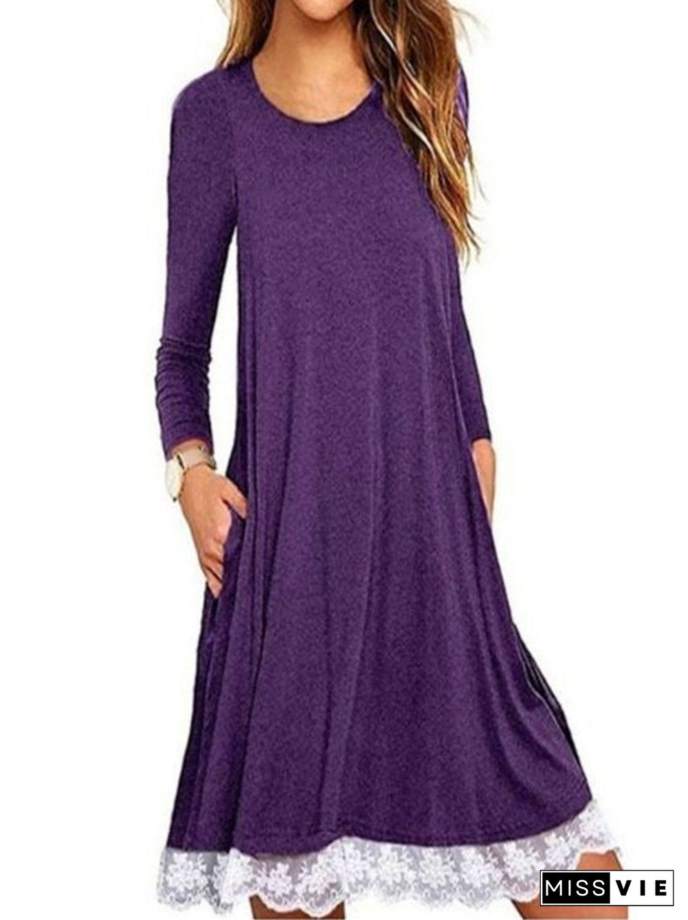 Women Scoop Neck Long Sleeve Solid Color Dress