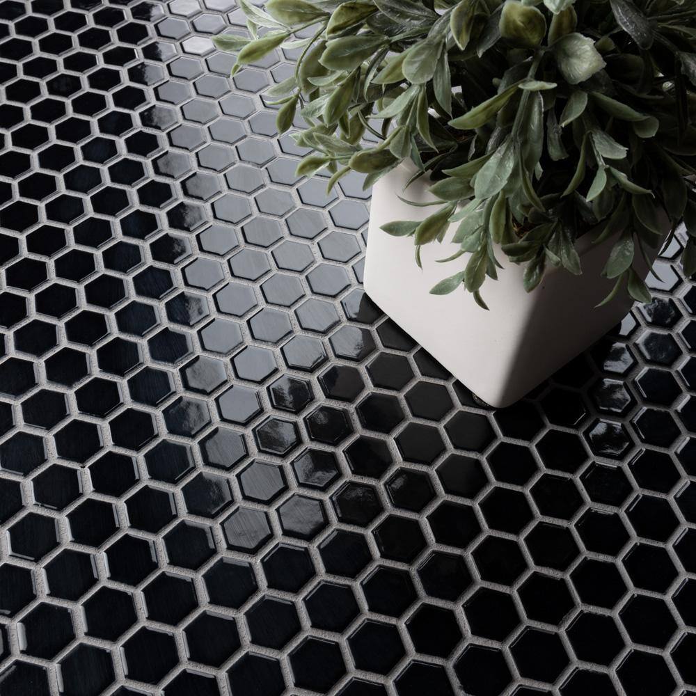 Merola Tile Metro 1 in. Hex Glossy Black 10-14 in. x 11-78 in. Porcelain Mosaic Tile (8.6 sq. ft.Case) FXLMHB