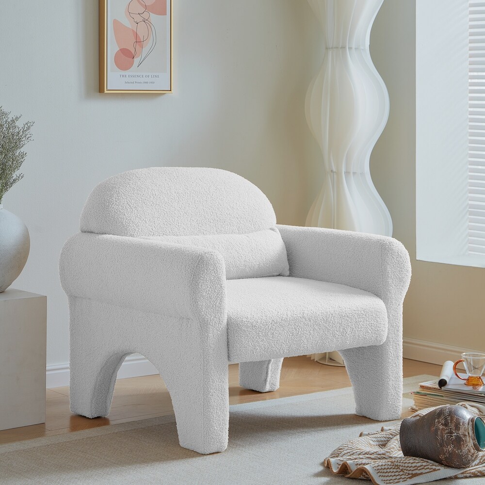 Modern Barrel Chair Lambswool Accent Sofa Chair Hollow Base Arm Chairs Living Room Lounge Chair w/ Lumbar Pillow  Antique White