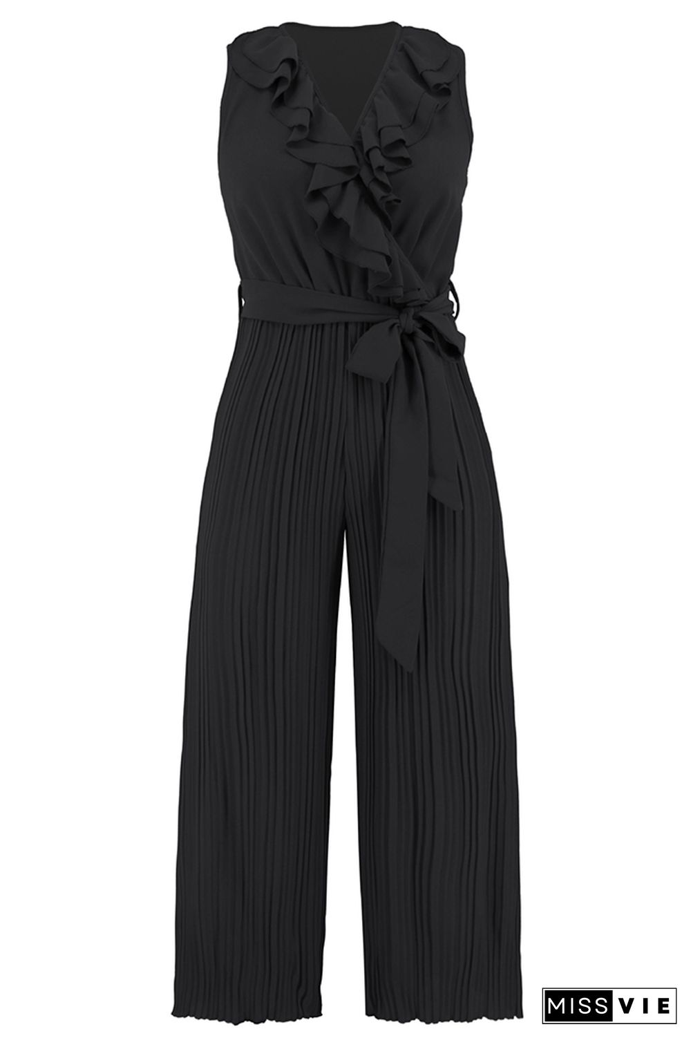 V Neck Ruffles Pleated Sleeveless Jumpsuit