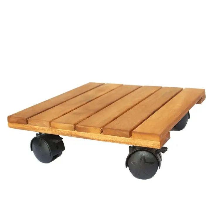 High Quality Wooden Plant Caddy With Wheels Square Wood Wheeled Planter Trolley Mover Stand Dimension 30x30cm