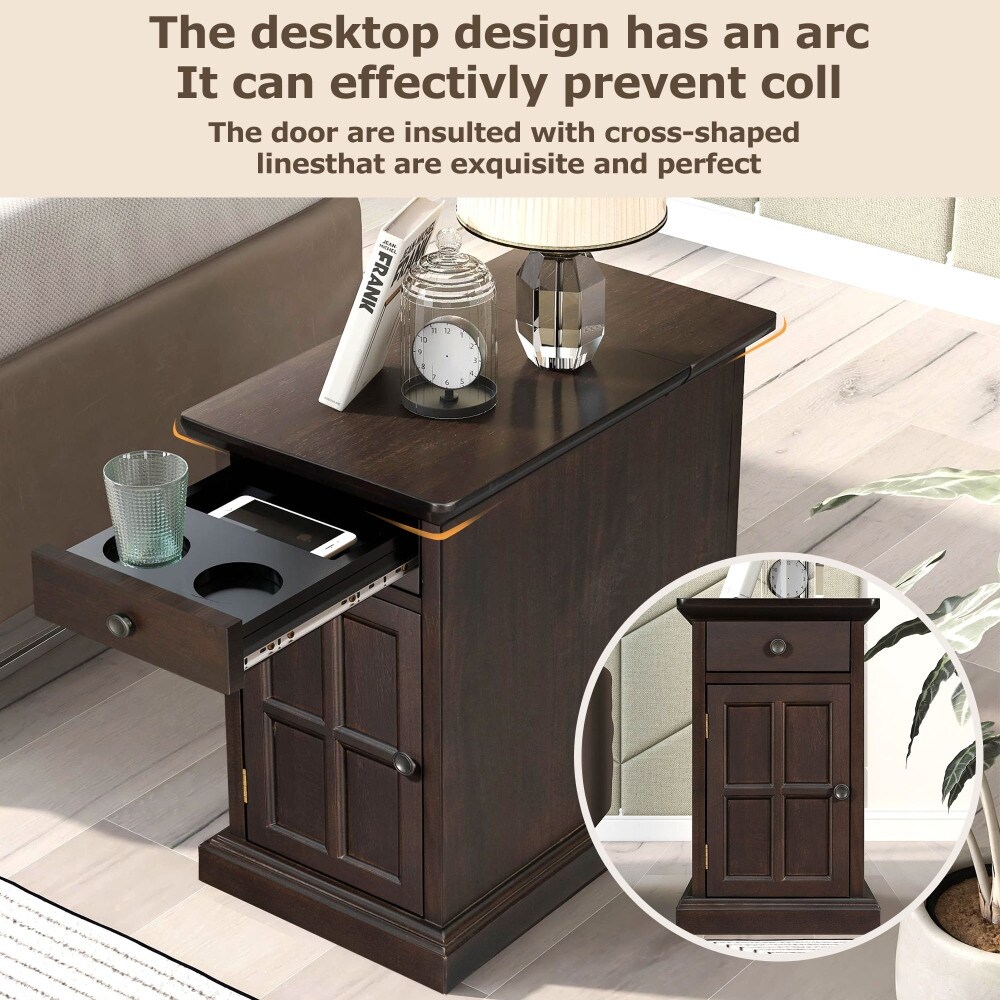 Espresso End Table with USB Ports and 1 Drawer with Cup Holders