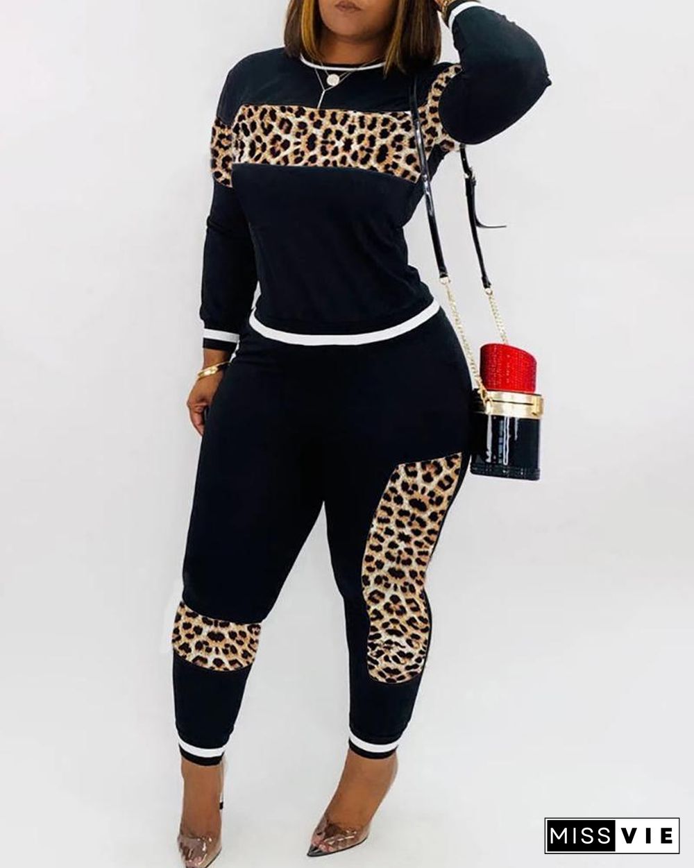 Solid Patchwork Leopard Long Sleeve Top & Pant Sets P15246