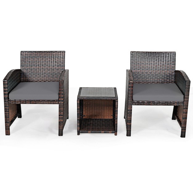 Tangkula 3 Pcs Patio Rattan Furniture Set Conversation Chair Set With Soft Cushion amp Coffee Table For Backyard Poolside Garden Gray