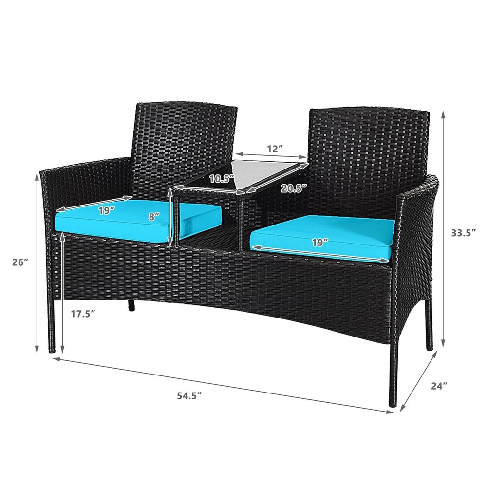 Gymax Rattan Wicker Patio Conversation Set w/ Table Turquoise Cushion   54.5'' x 24'' x 33.5'' (L x W x H)