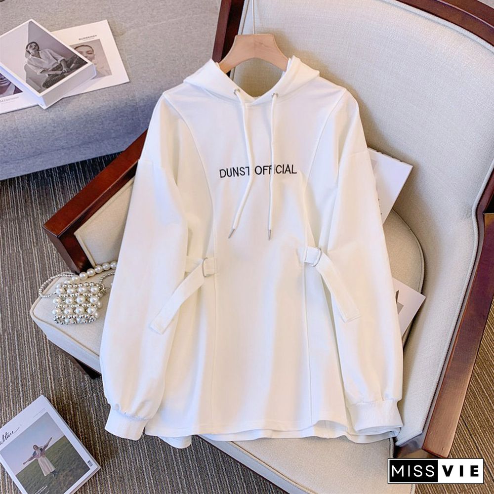 Chic Belt Design Letter Print Pure Color Hoodie