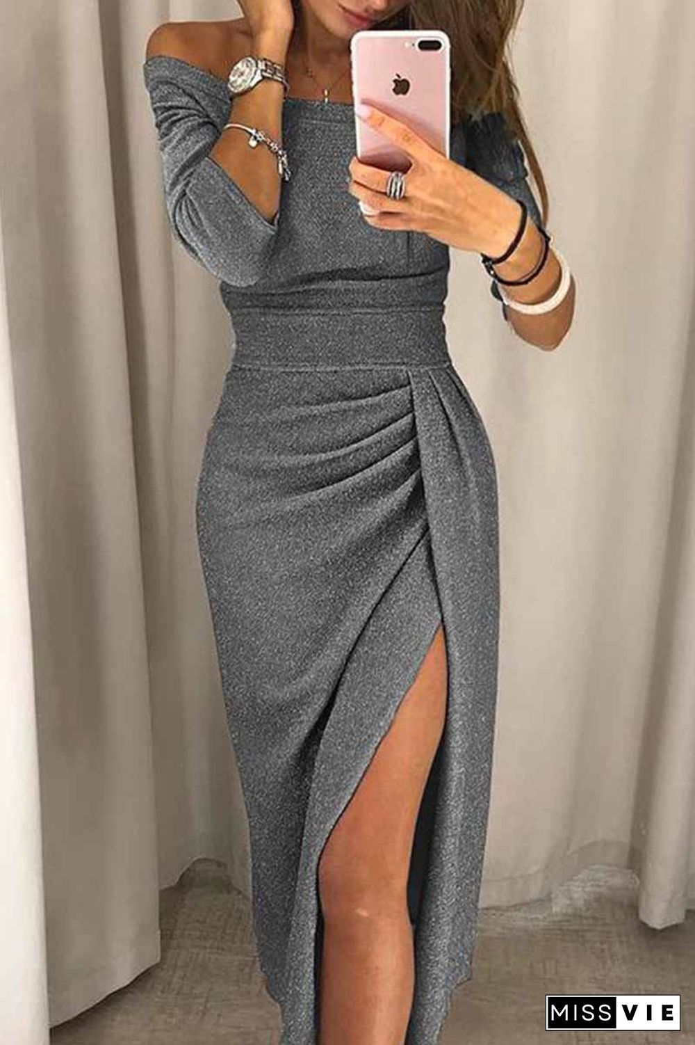 Wrap Hip Slit Collar Maxi Dresses(6 Colors)