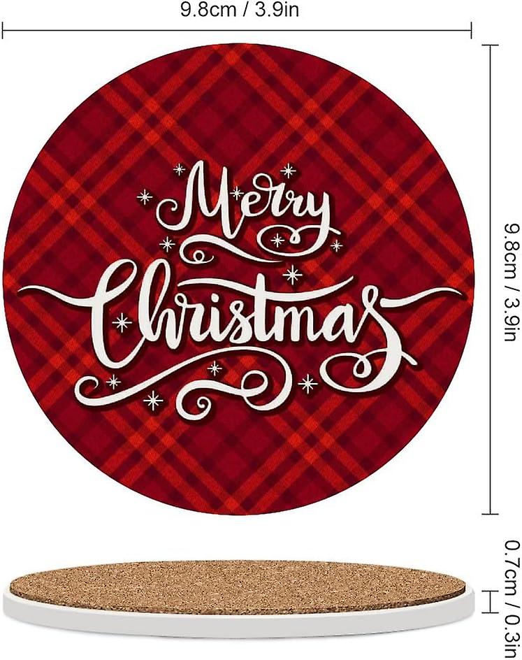 1pc Round Christmas On Red Tartan Ceramic Coasters With Cork-backed For Coffee Drink Cup Mat Absorbent Stone Coasters