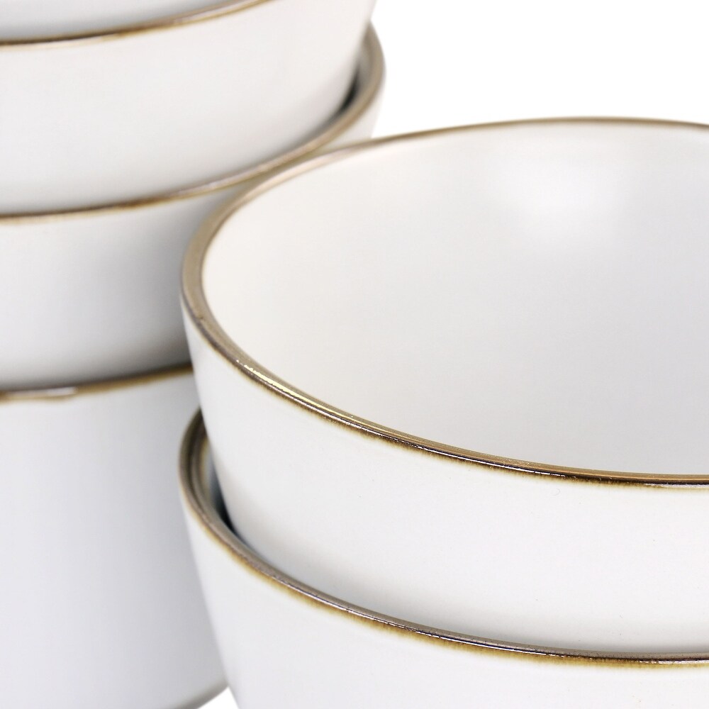 Elama Arthur 6 Piece Stoneware Bowl Set in Matte White with Gold Rim   5.6 Inch