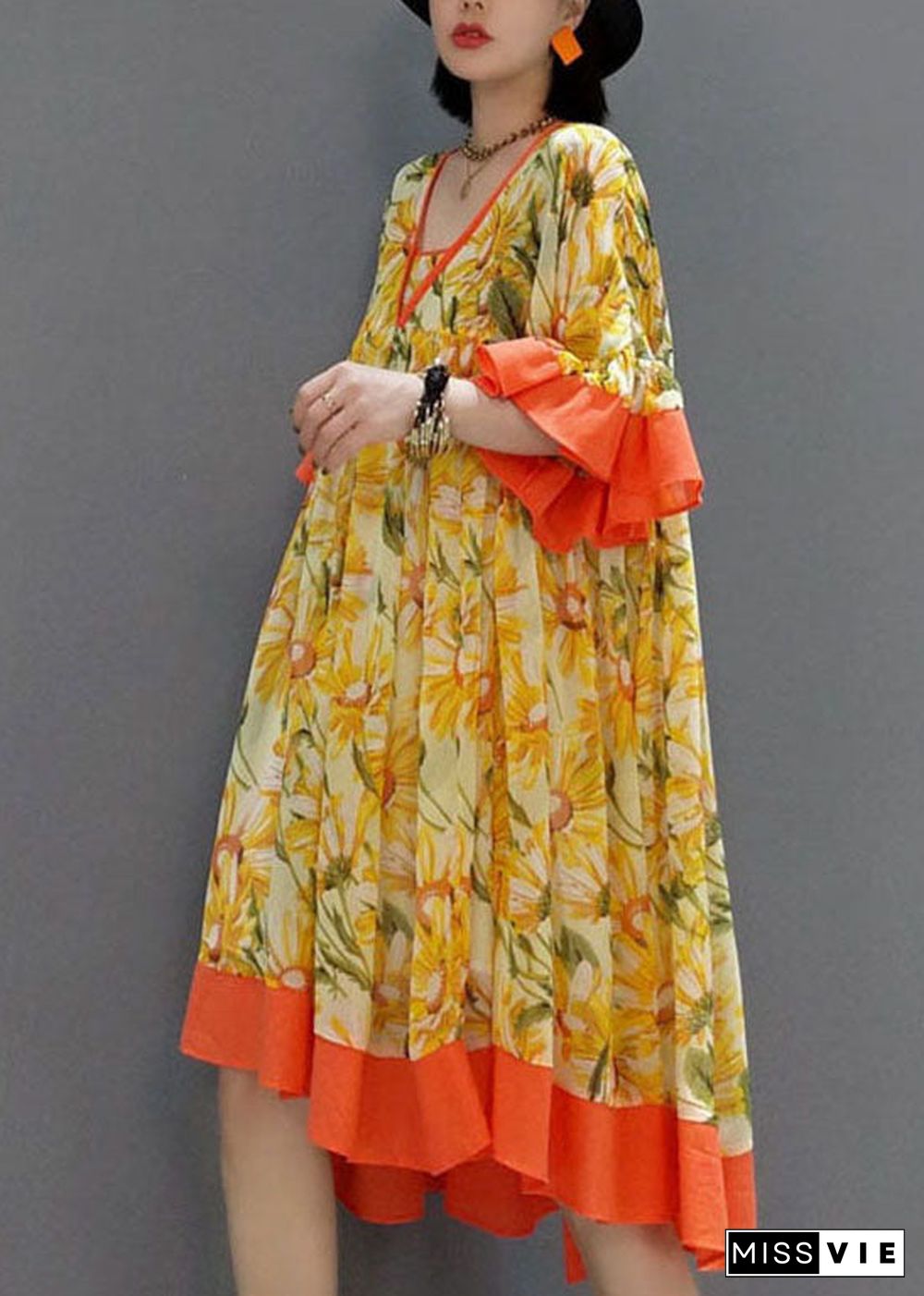 Fashion Orange V Neck wrinkled Print Chiffon Dress flare sleeve