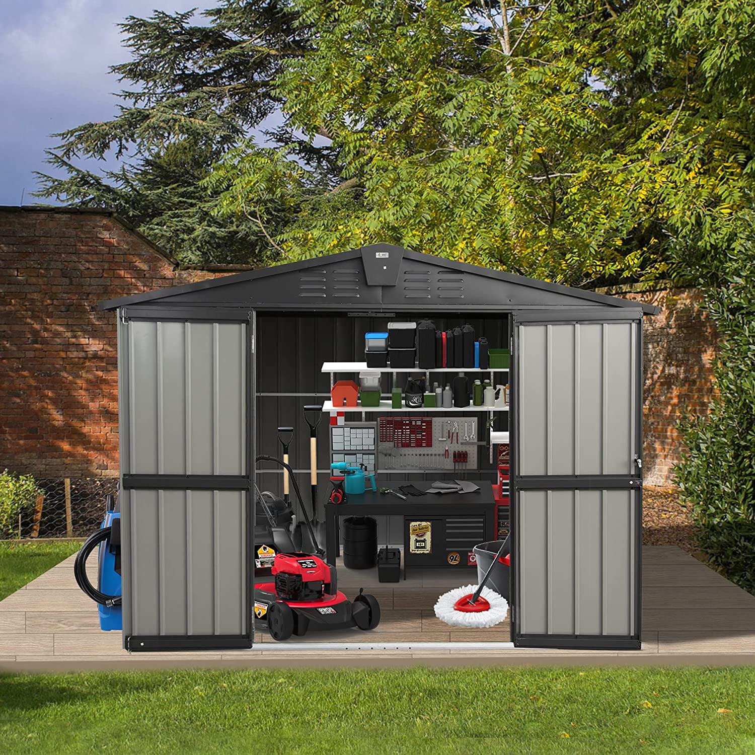 Domi Outdoor Storage Shed 8.2'x 6.2', Metal Garden Shed for Bike, Trash Can, Tools, Lawn Mowers, Pool Toys, Galvanized Steel Outdoor Storage Cabinet with Lockable Door for Backyard, Patio, Lawn