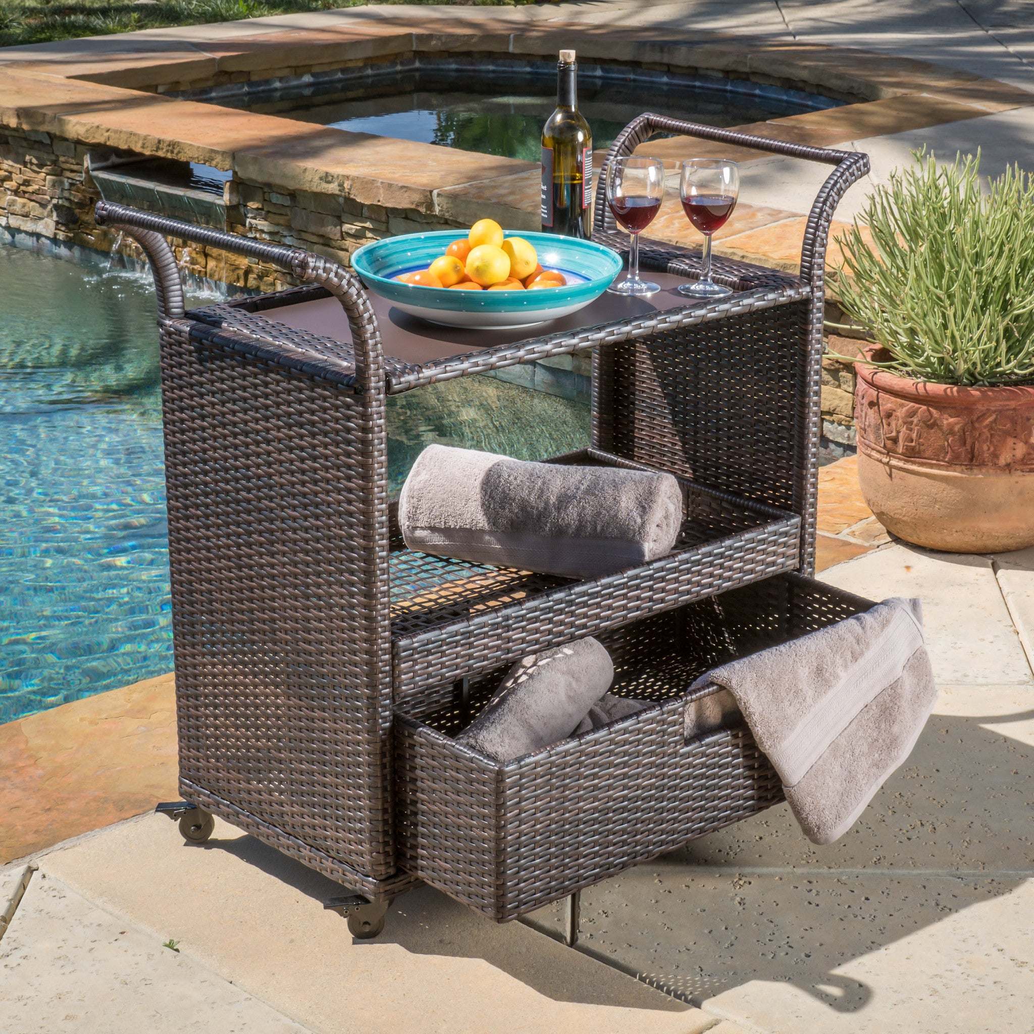 Shelton Multi-Brown Wicker Bar Cart