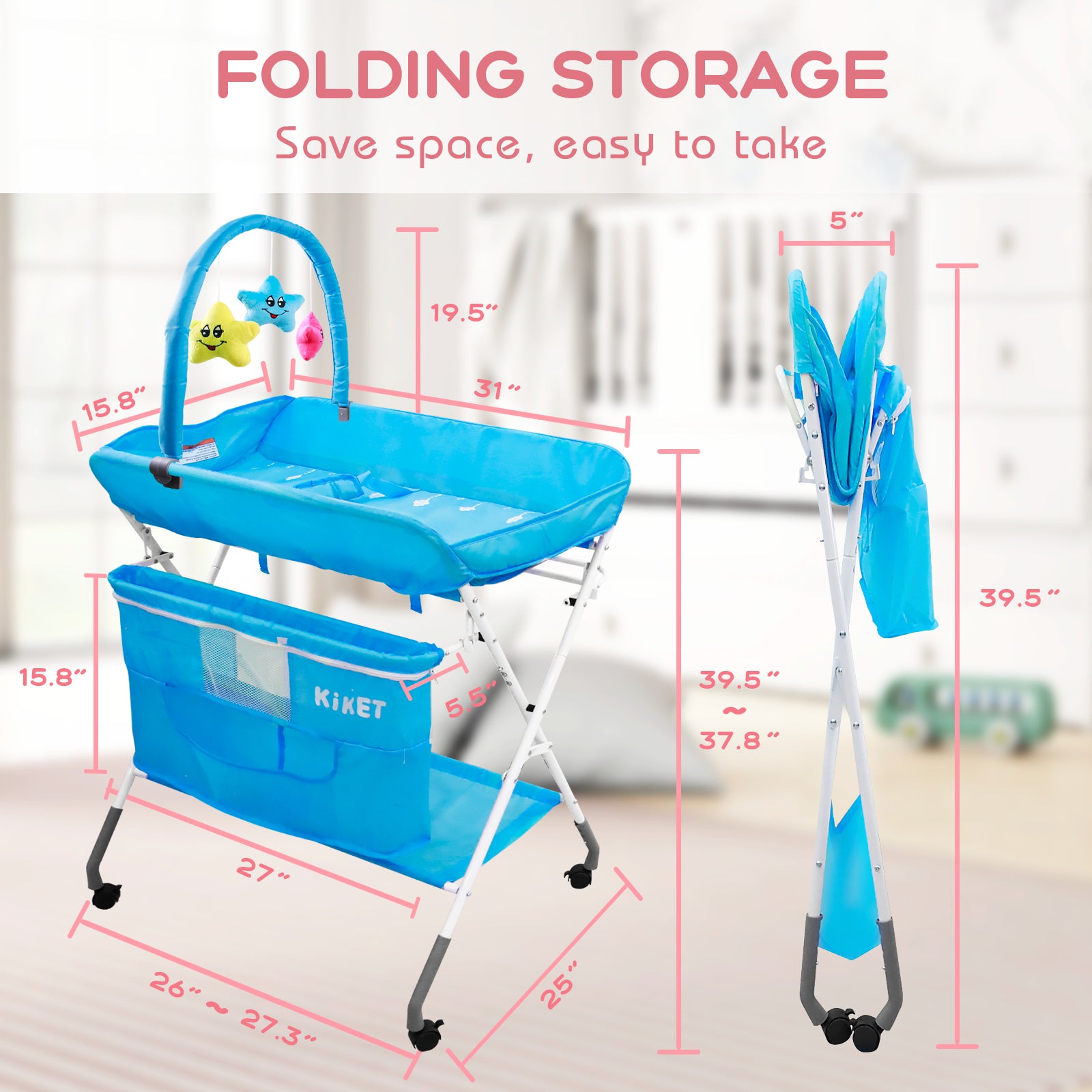 Baby Changing Tables Portable Folding Diaper Changing Station with Wheels, Height Adjustable Mobile Nursery Organizer with Hanging Toy, Safety Belt & Storage Racks for Newborn Baby Infant, Blue