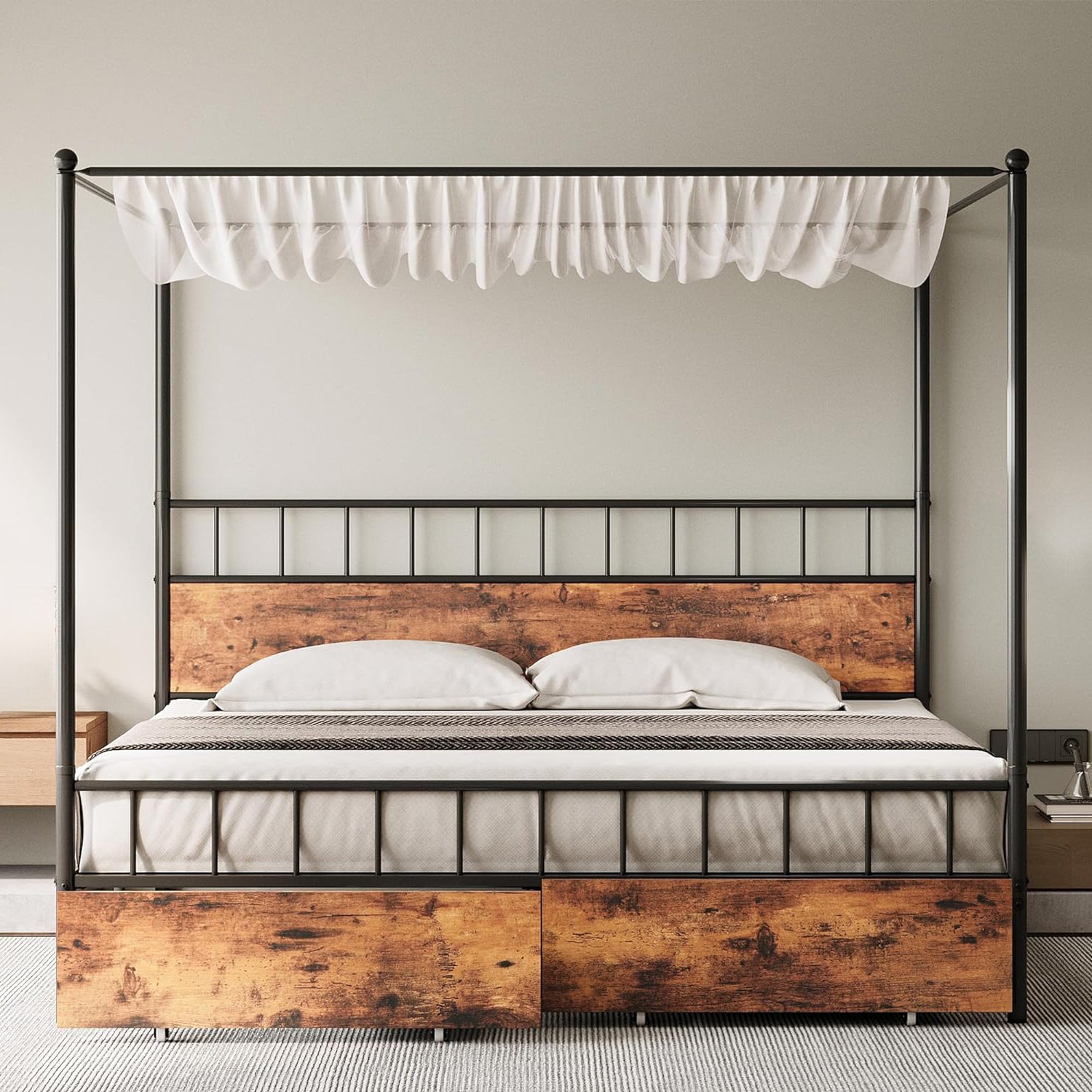 Canopy Bed Frame with Wooden Headboard and 2 Drawers, Industrial Style Bed Frame with 4 Removable Sturdy Posts, Vintage Brown