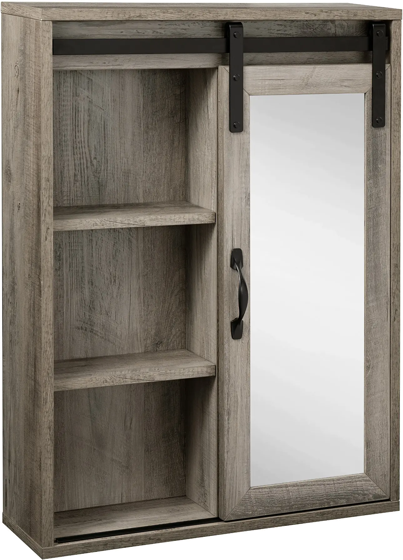 Sliding Mirrored Barn Door Gray Wall Cabinet