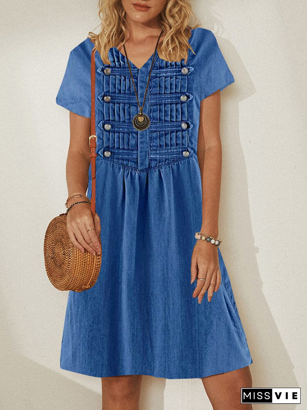 Women Casual Short Sleeve V-neck Denim Blue Printed Midi Dress